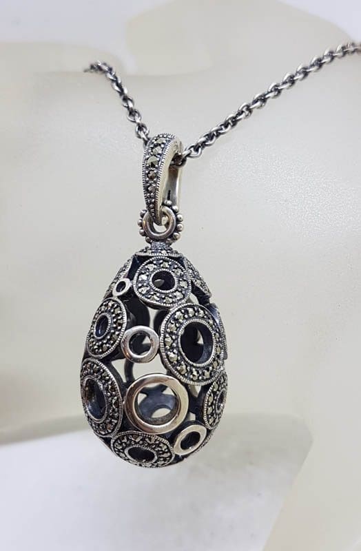 Sterling Silver Large Open Circle Design Large Egg / Oval Shaped Marcasite Enhancer Pendant on Silver Chain