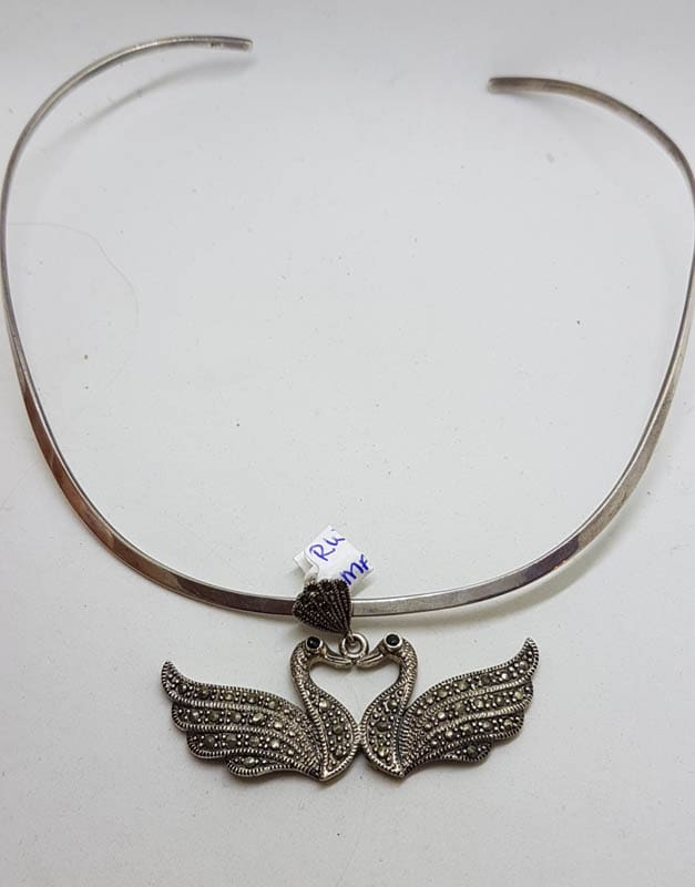 Sterling Silver Marcasite Two Swan Bird Pendant on Silver Choker
