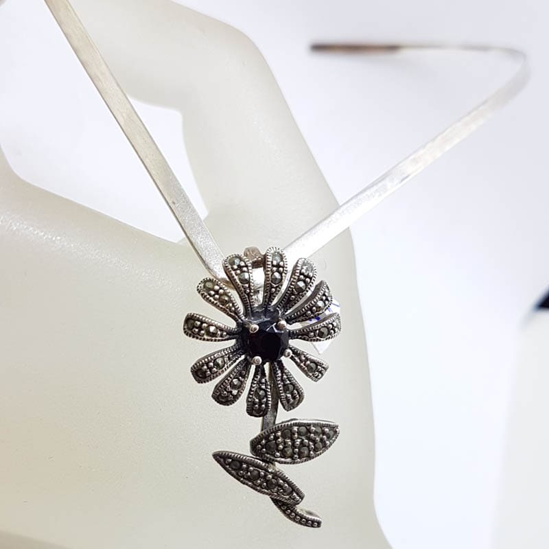 20210728_223058 Sterling Silver Marcasite and Garnet Flower Pendant on Silver Choker Chain / Necklace