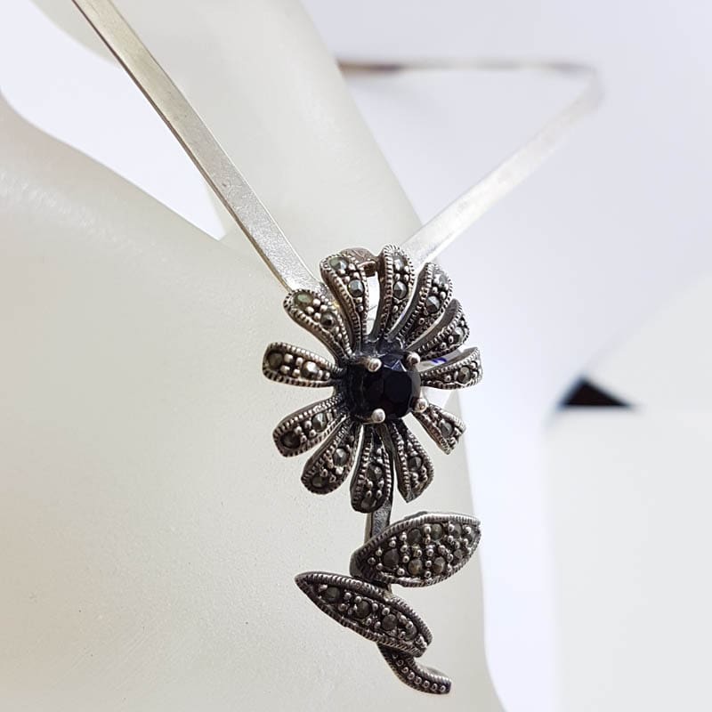 20210728_223131 Sterling Silver Marcasite and Garnet Flower Pendant on Silver Choker Chain / Necklace