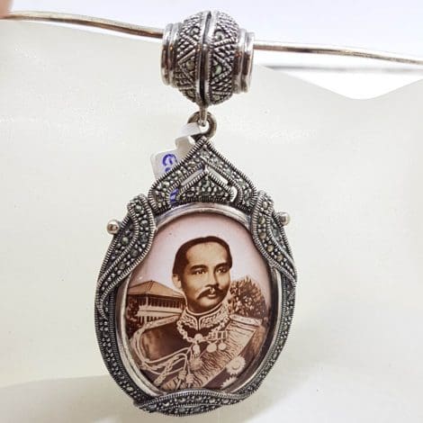 Sterling Silver Marcasite Large Oval Enamel Locket (Prince of Thailand) Pendant on Sterling Silver Choker Chain