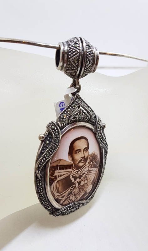 20210728_223213 Sterling Silver Marcasite Large Oval Enamel Locket (Prince of Thailand) Pendant on Sterling Silver Choker Chain
