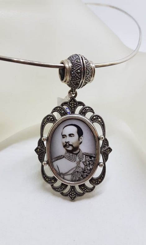Sterling Silver Marcasite Large Oval Enamel Locket (Prince of Thailand) Pendant on Sterling Silver Choker Chain