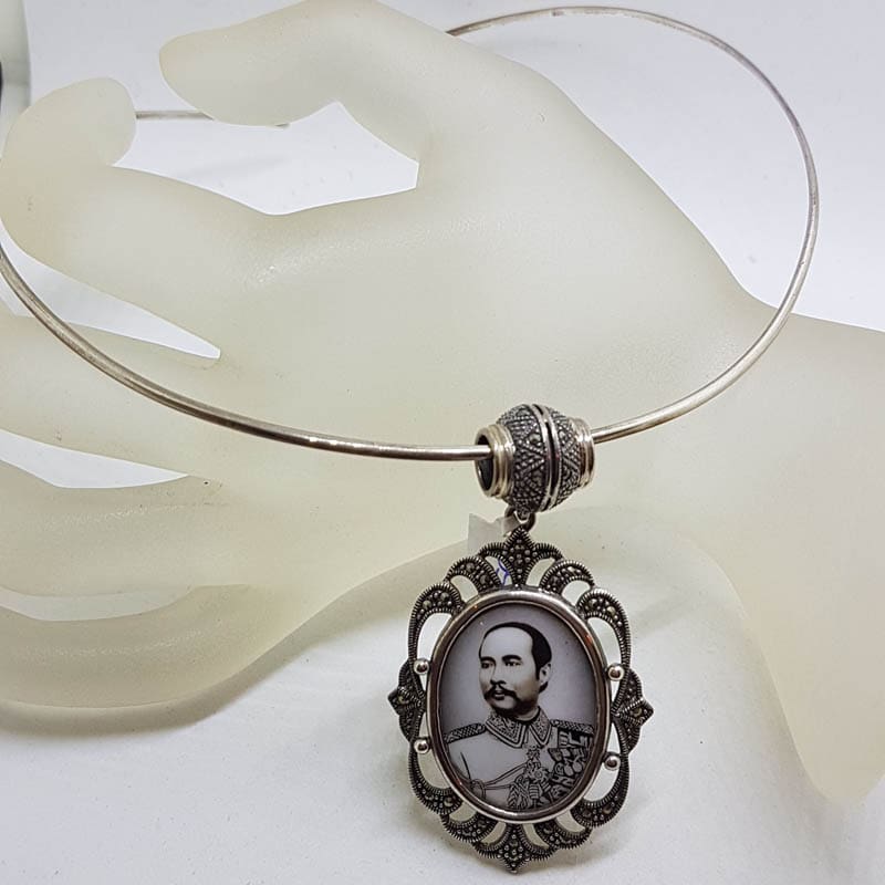 Sterling Silver Marcasite Large Oval Enamel Locket (Prince of Thailand) Pendant on Sterling Silver Choker Chain