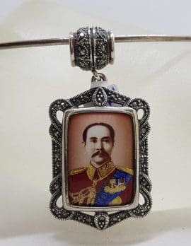 Sterling Silver Marcasite Large Rectangular Enamel Locket (Prince of Thailand) Pendant on Sterling Silver Choker Chain