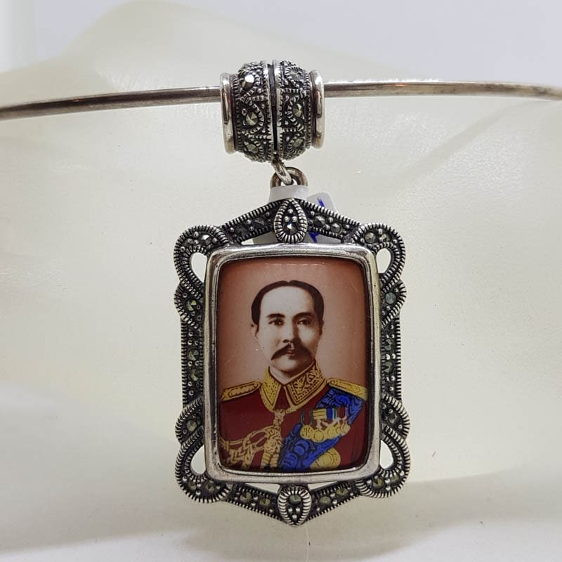 20210728_223303 Sterling Silver Marcasite Large Rectangular Enamel Locket (Prince of Thailand) Pendant on Sterling Silver Choker Chain