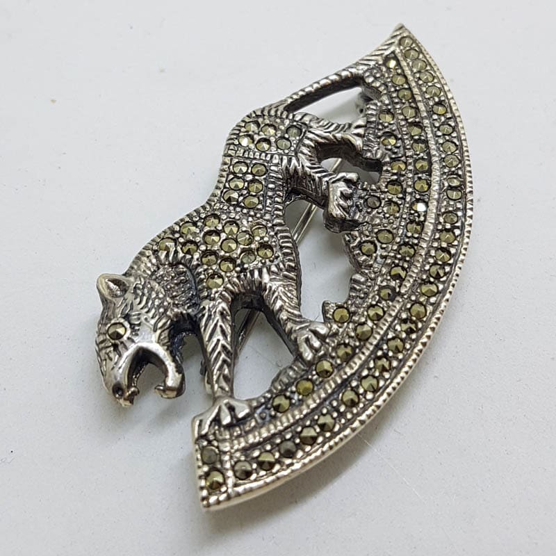 Sterling Silver Large Marcasite Big Cat on Crescent Brooch - Puma / Jaguar