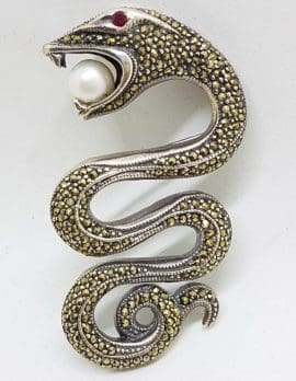Sterling Silver Very Large Marcasite Snake / Asp with Ruby and Pearl Brooch