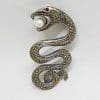 Sterling Silver Very Large Marcasite Snake / Asp with Ruby and Pearl Brooch