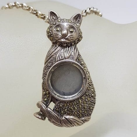 Sterling Silver Marcasite Cat Converted Locket Pendant on Silver Chain - Vintage