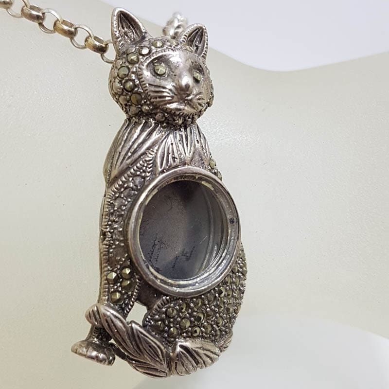 20210728_223728 Sterling Silver Marcasite Cat Converted Locket Pendant on Silver Chain - Vintage