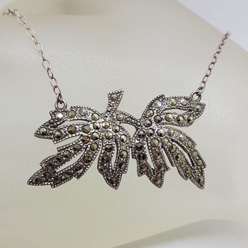 Sterling Silver Vintage Marcasite Leaf Design Necklace / Chain