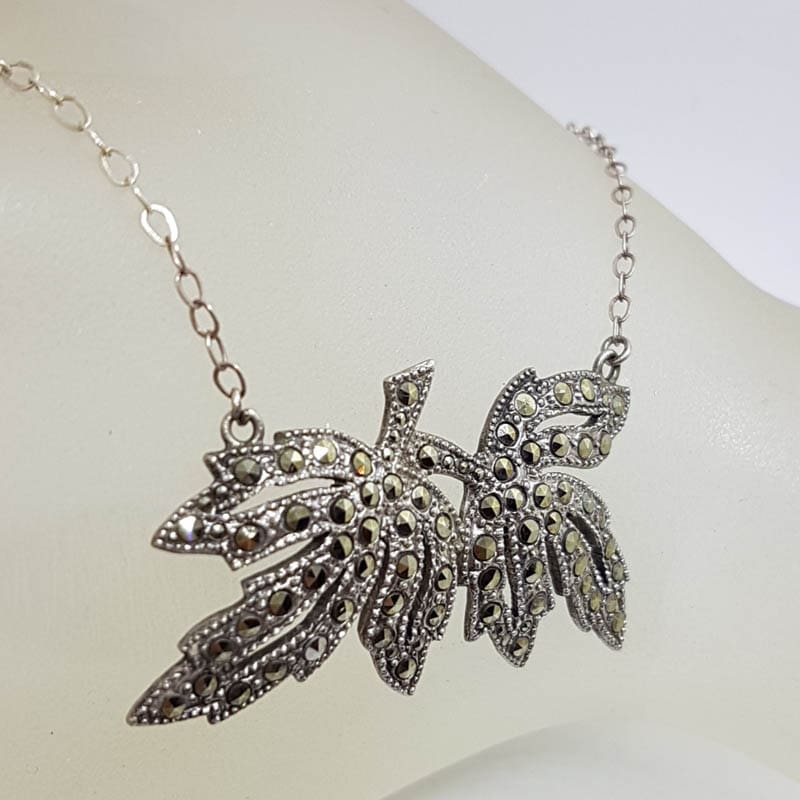 Sterling Silver Vintage Marcasite Leaf Design Necklace / Chain