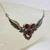 Sterling Silver Marcasite and Garnet Ornate Vintage Leaf Design Necklace / Chain