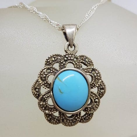Sterling Silver Marcasite and Blue Ornate Oval Pendant on Silver Chain - Vintage