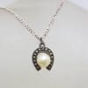 Sterling Silver Vintage Marcasite & Pearl in Horseshoe Pendant on Silver Chain