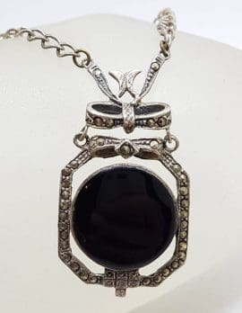 Sterling Silver Vintage Marcasite & Onyx Ornate Long Necklace