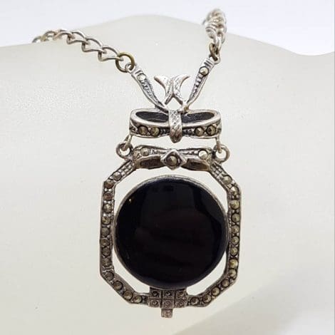 Sterling Silver Vintage Marcasite & Onyx Ornate Long Necklace