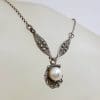 Sterling Silver Vintage Marcasite & Pearl Ornate Drop Collier Necklace / Chain