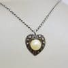 Sterling Silver Marcasite and Pearl Heart Pendant on Silver Chain - Antique / Vintage