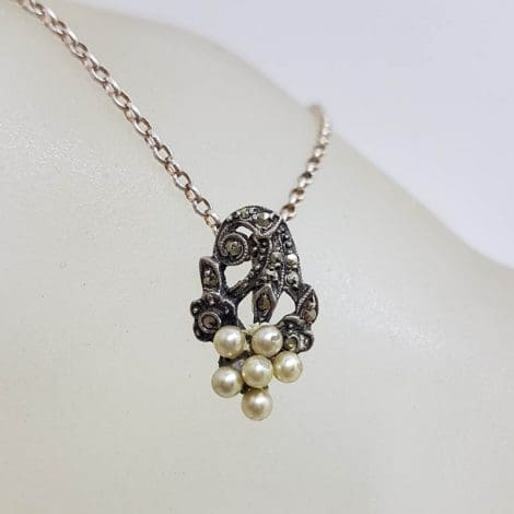Sterling Silver Vintage Marcasite & Pearl Cluster Pendant on Silver Chain