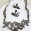 Sterling Silver Vintage Marcasite Ornate Necklace and Screw-On Earring Set