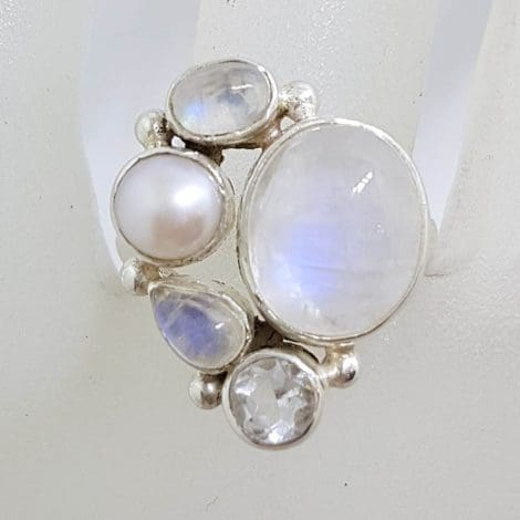 Sterling Silver Large Cabochon Moonstone, Pearl and Clear Crystal Quartz Cluster Ring