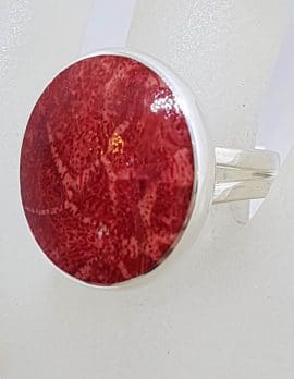 Sterling Silver Large Oval / Round Red Coral Ring