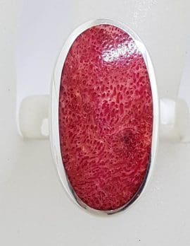 Sterling Silver Long Oval Red Coral Ring