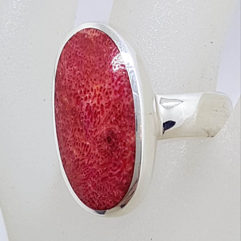 Sterling Silver Long Oval Red Coral Ring