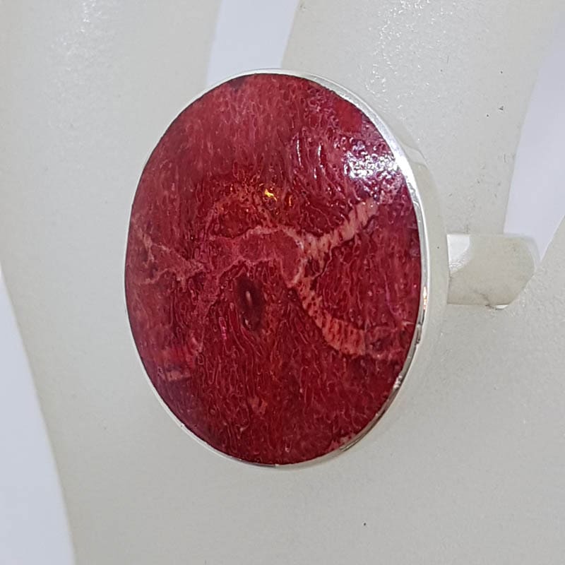Sterling Silver Large Oval / Round Red Coral Ring