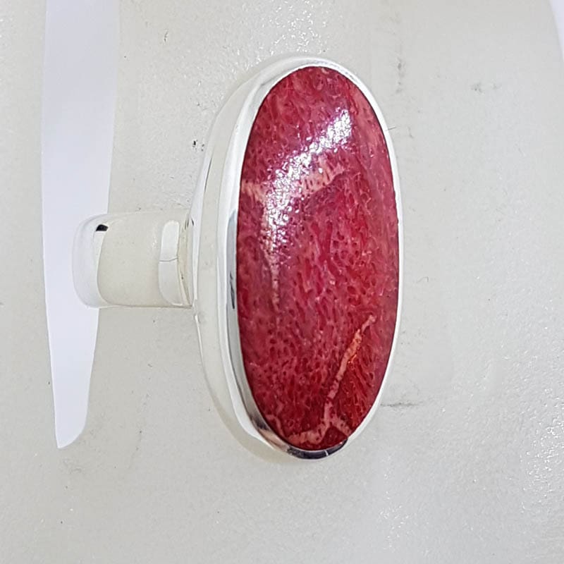 Sterling Silver Long Oval Red Coral Ring