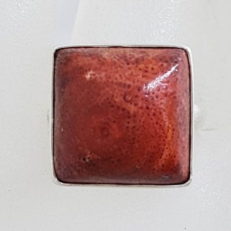 Sterling Silver Large Square Red Coral Ring