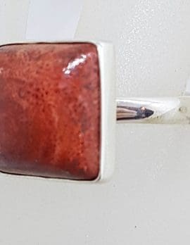Sterling Silver Large Square Red Coral Ring