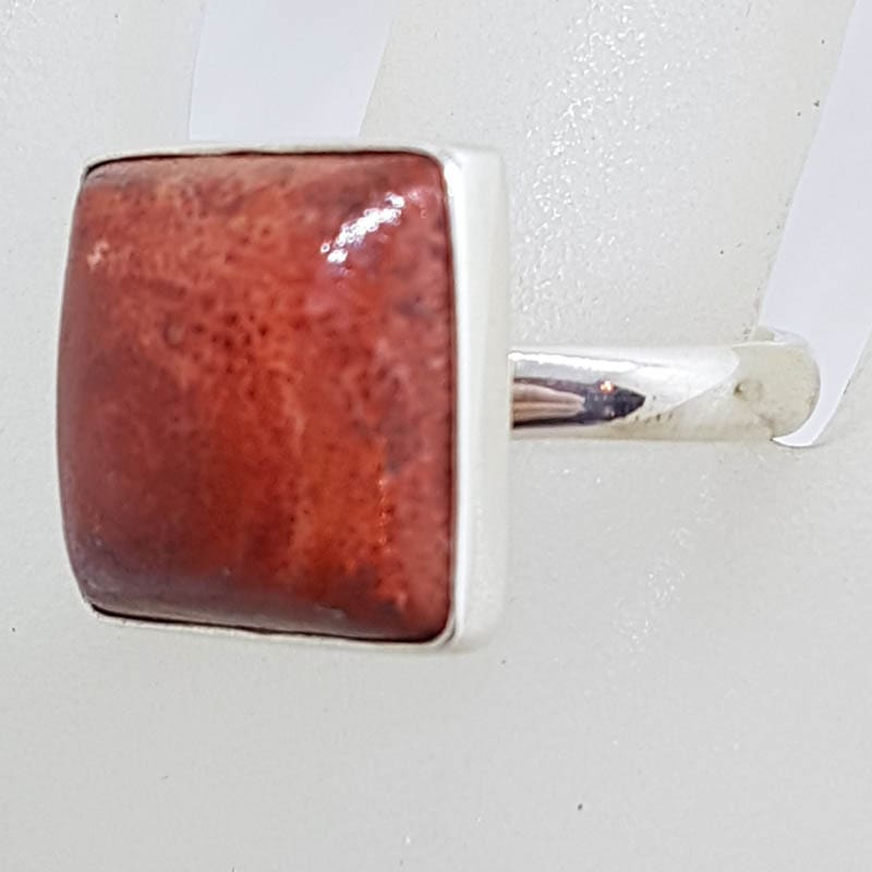Sterling Silver Large Square Red Coral Ring