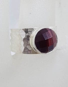 Sterling Silver Faceted Round Red Tiger Eye on Wide Beaten Pattern Ring