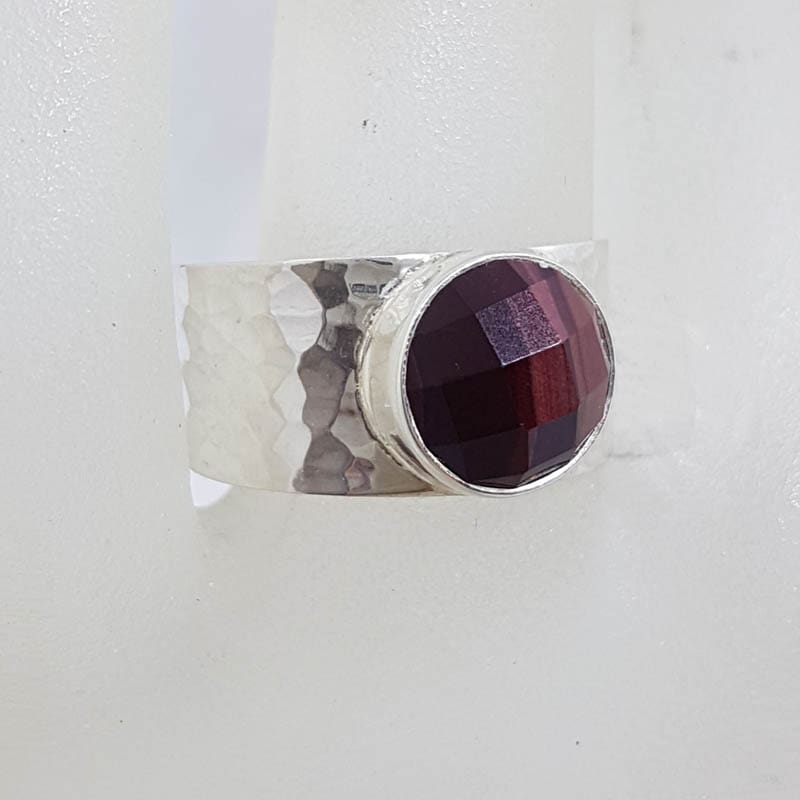 20210728_230940 Sterling Silver Faceted Round Red Tiger Eye on Wide Beaten Pattern Ring