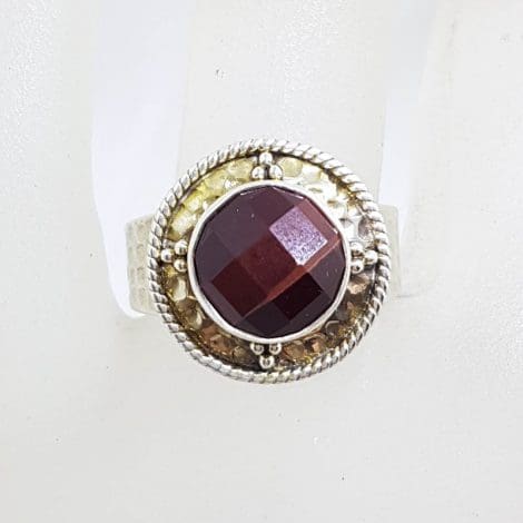 Sterling Silver Faceted Round Red Tiger Eye Ornate Design Ring