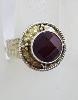 Sterling Silver Faceted Round Red Tiger Eye Ornate Design Ring