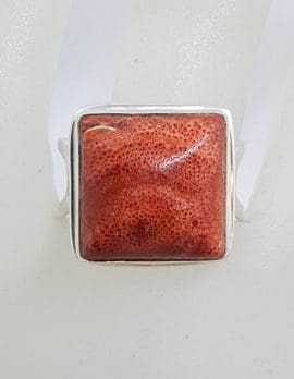 Sterling Silver Square with Open Band Red Coral Ring