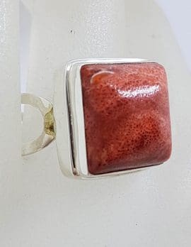 Sterling Silver Square with Open Band Red Coral Ring