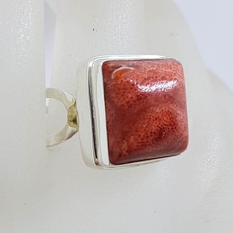 Sterling Silver Square with Open Band Red Coral Ring