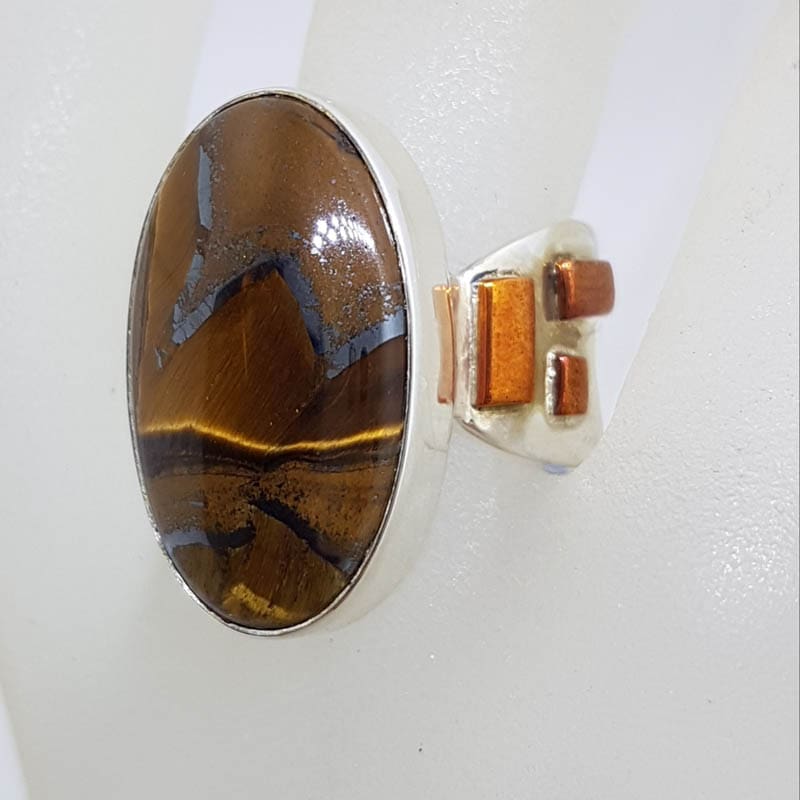 20210728_231553 Sterling Silver Large Oval Tiger Eye Ring with Copper Design on Sides