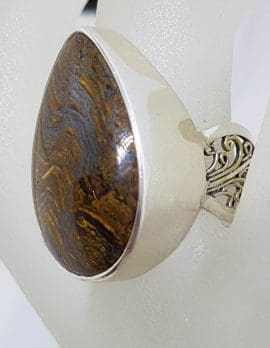 Sterling Silver Large Teardrop / Pear Shape Tiger Eye Ring with Ornate Sides