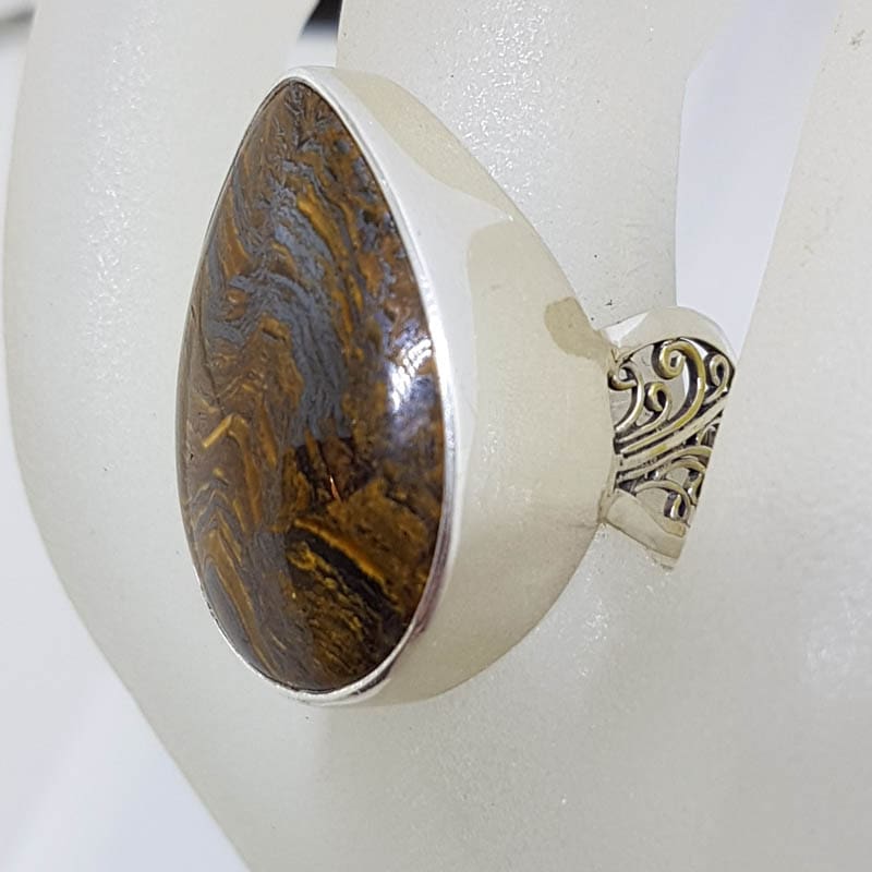 20210728_231621 Sterling Silver Large Teardrop / Pear Shape Tiger Eye Ring with Ornate Sides