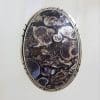 Sterling Silver Large Oval Fossil Stone with Patterned Rim Ring