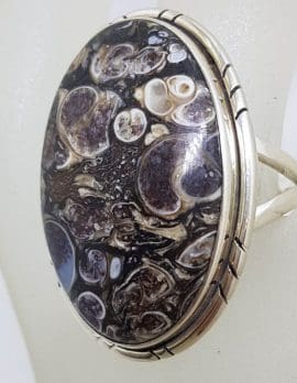 Sterling Silver Large Oval Fossil Stone with Patterned Rim Ring