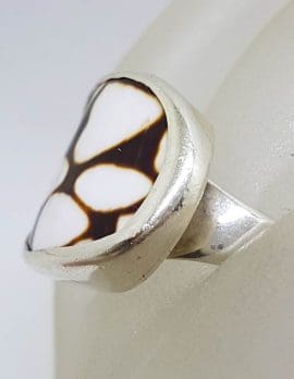 Sterling Silver Large Oval Brown and White Shell Ring