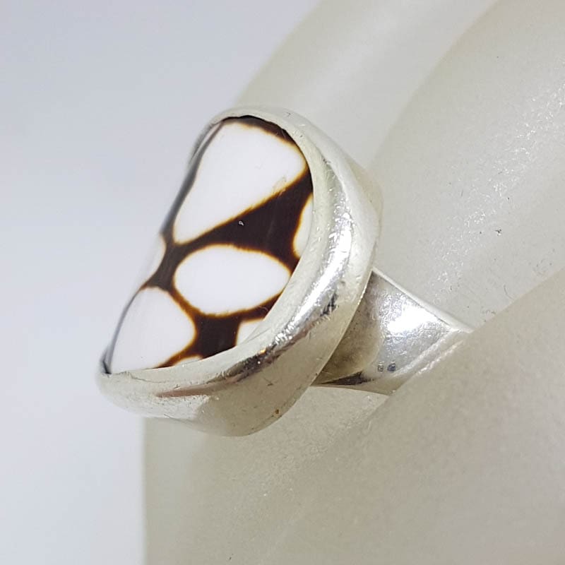 Sterling Silver Large Oval Brown and White Shell Ring