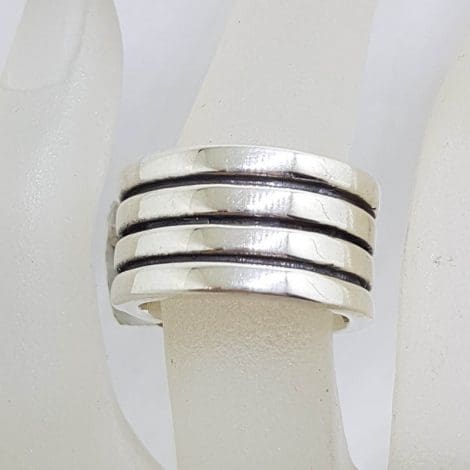 Sterling Silver Heavy Wide Line Patterned Band Ring
